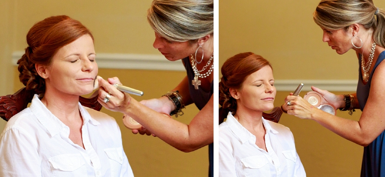 Bride Jacci getting make up applied to her face with brush