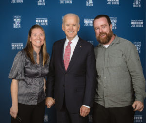 Will Thomas and Julie Thomas from Forge Mountain Photography standing in a photo with Joe Biden on the American Promise tour. This photo was taken at the end of the event after we were done photographing. Forge Mountain Photography was hired by the presidents team to provide photography