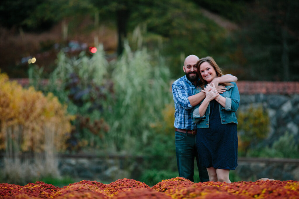 View from a distance of Eileen and Eser standing in a huge patch of mums in the Gardens at Biltmore for their engagement shoot