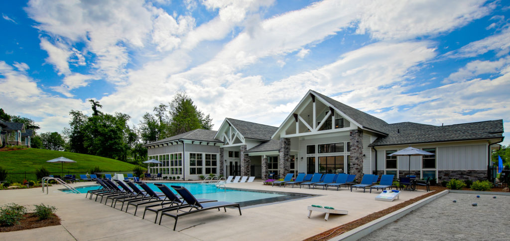 Professional Property Photographer shot this wide angel view of the pool and clubhouse at Asheville Exchange