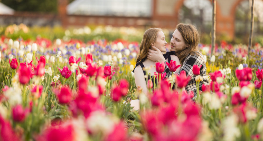 biltmore engagement photos in the tulip gardens surrounded by flower