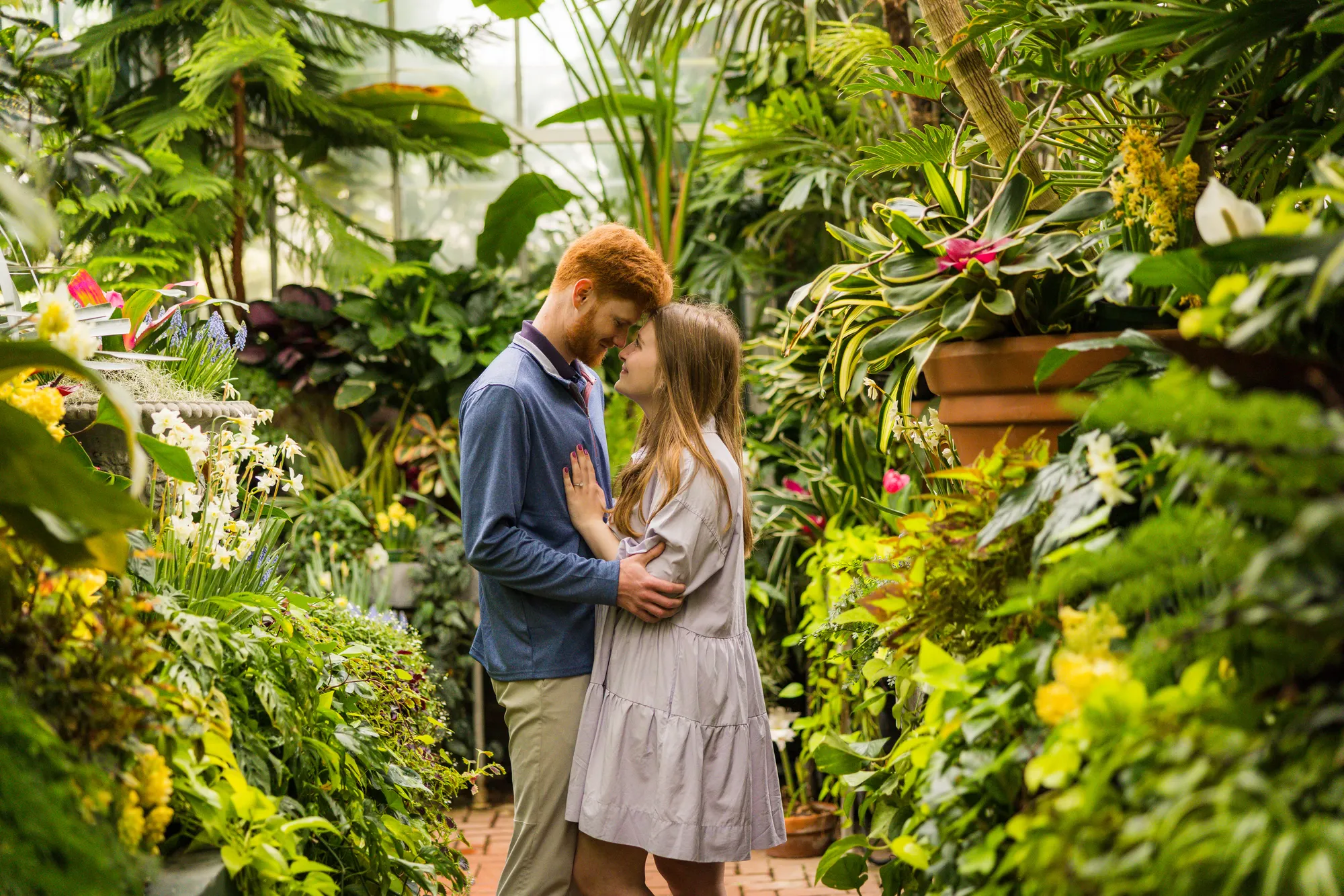 Couple in the tropical house of the Biltmore Conservatory during an engagement session