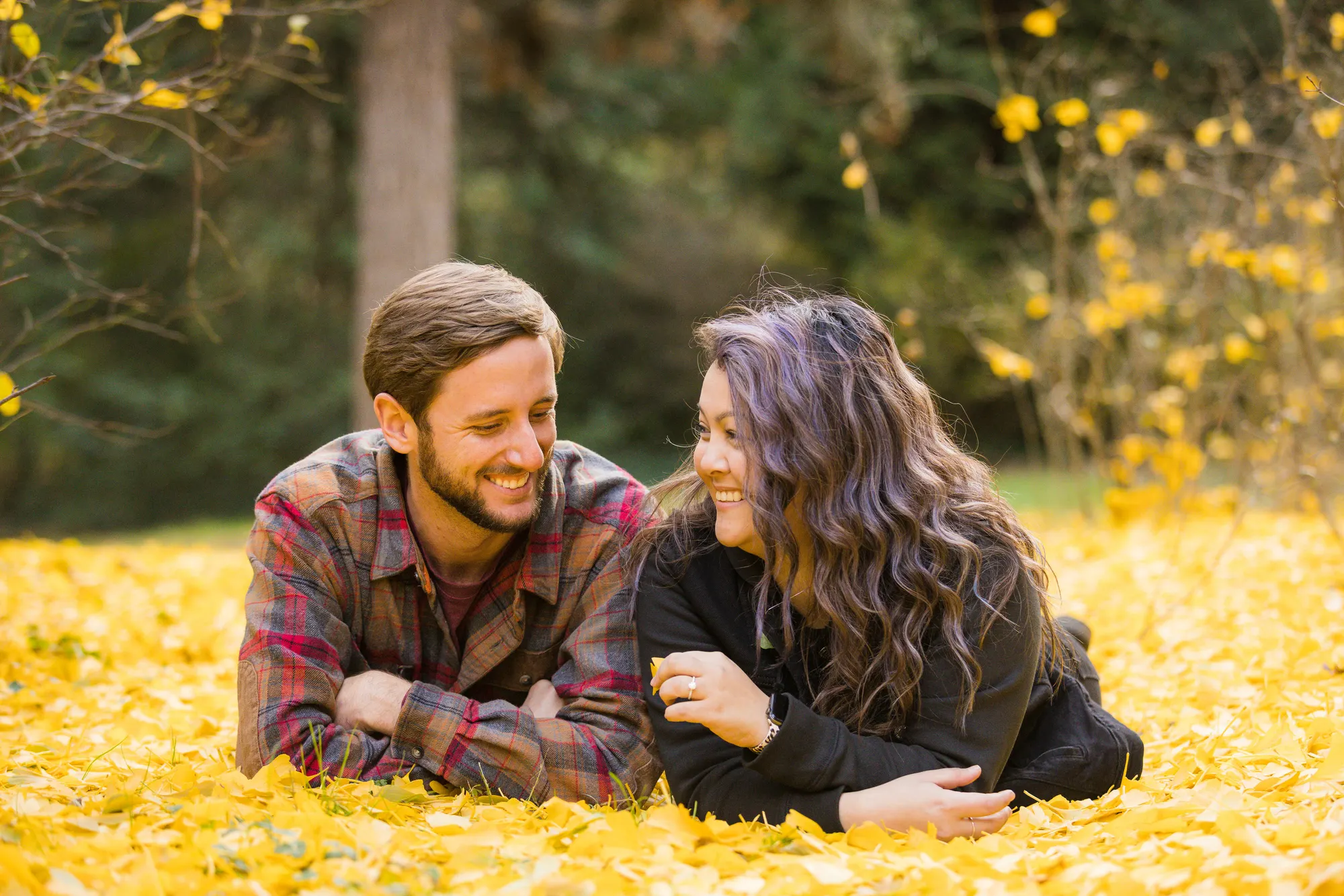 Couple sitting together in fallen golden ginkgo leaves at Biltmore Estate in November