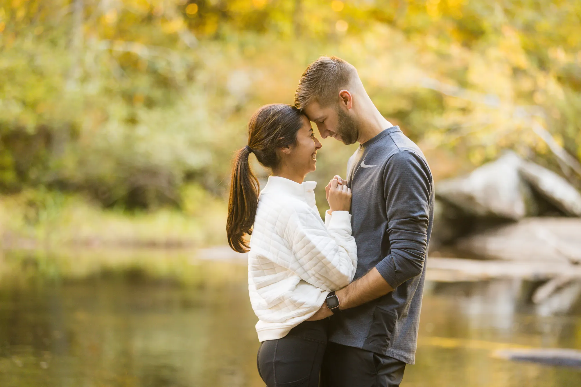 Golden hour engagement photos on the Little River, DuPont