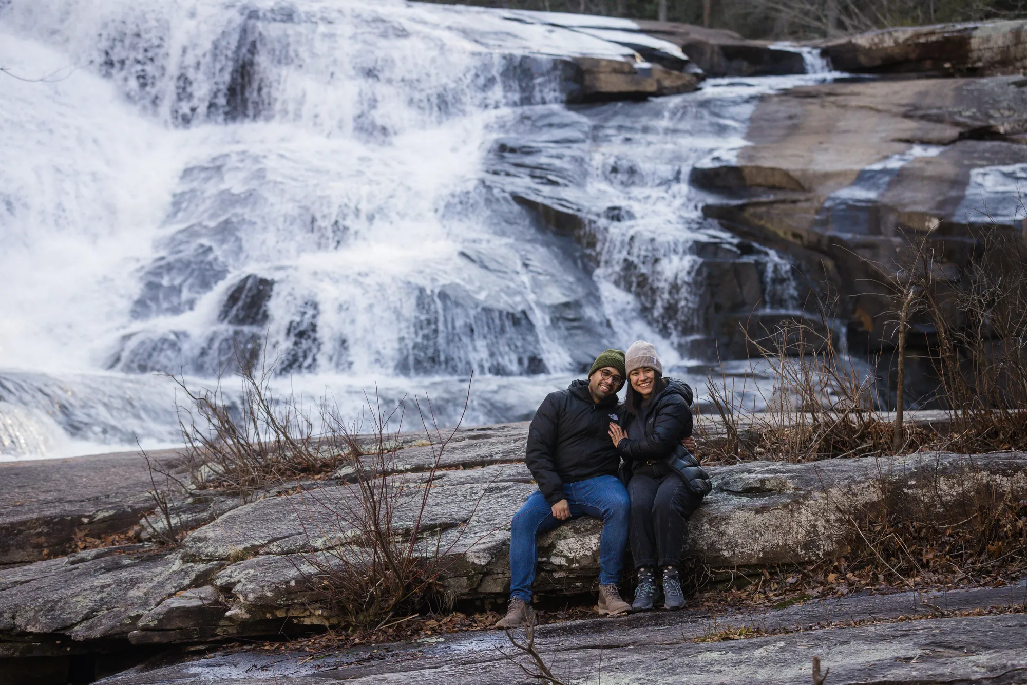 Winter engagement photos at Triple Falls, DuPont State Forest