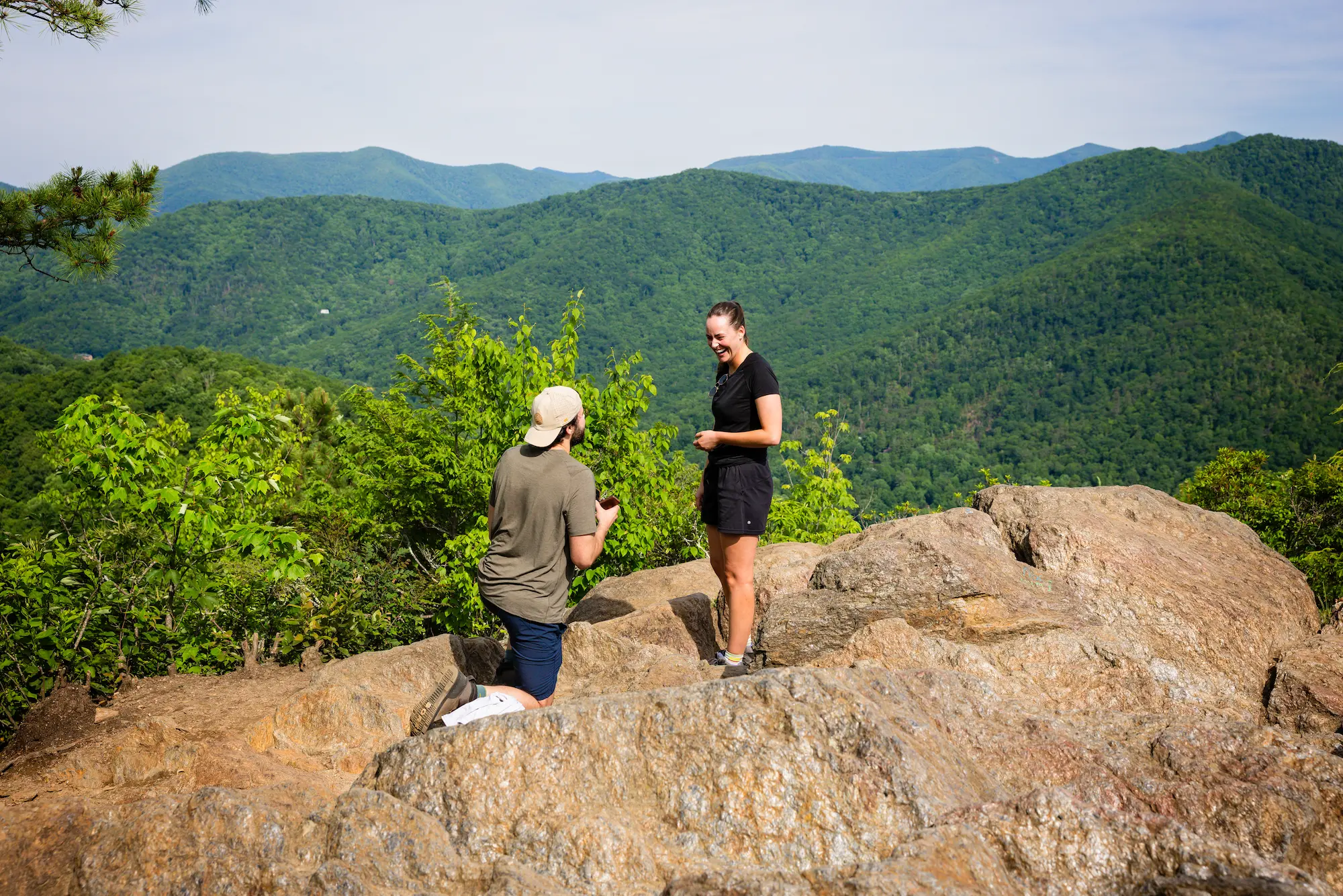 Proposal on a rocky outcrop at Lookout Mountain near Black Mountain NC with Blue Ridge views