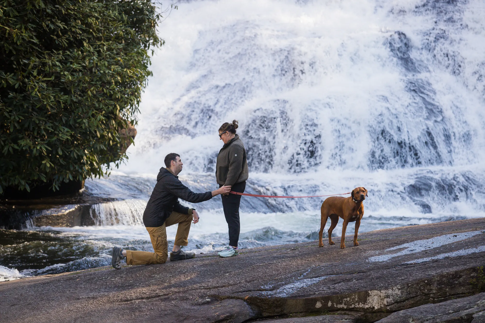 Surprise proposal at Triple Falls with the couple's dog watching, DuPont State Forest