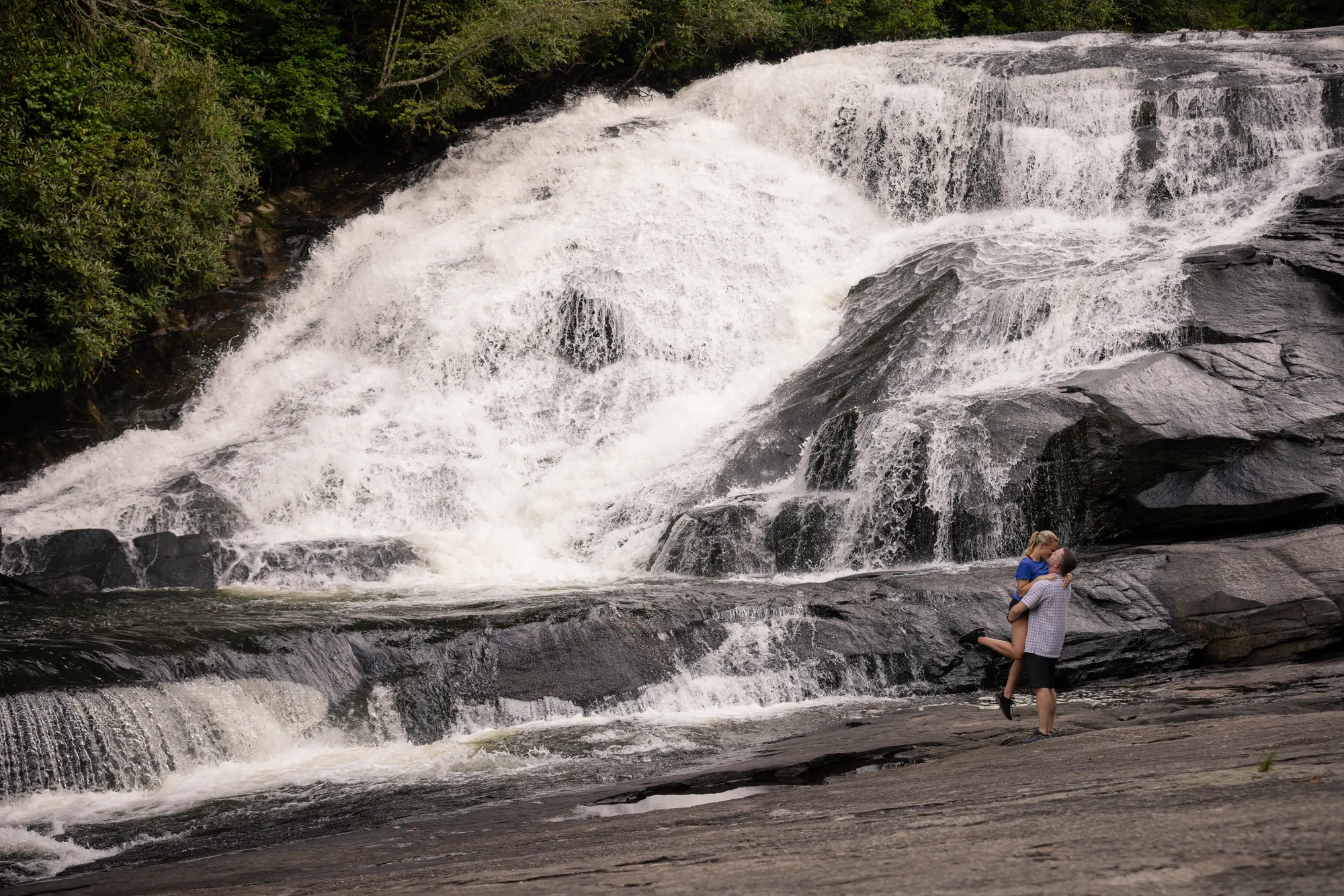 Summer waterfall engagement photos, DuPont State Forest